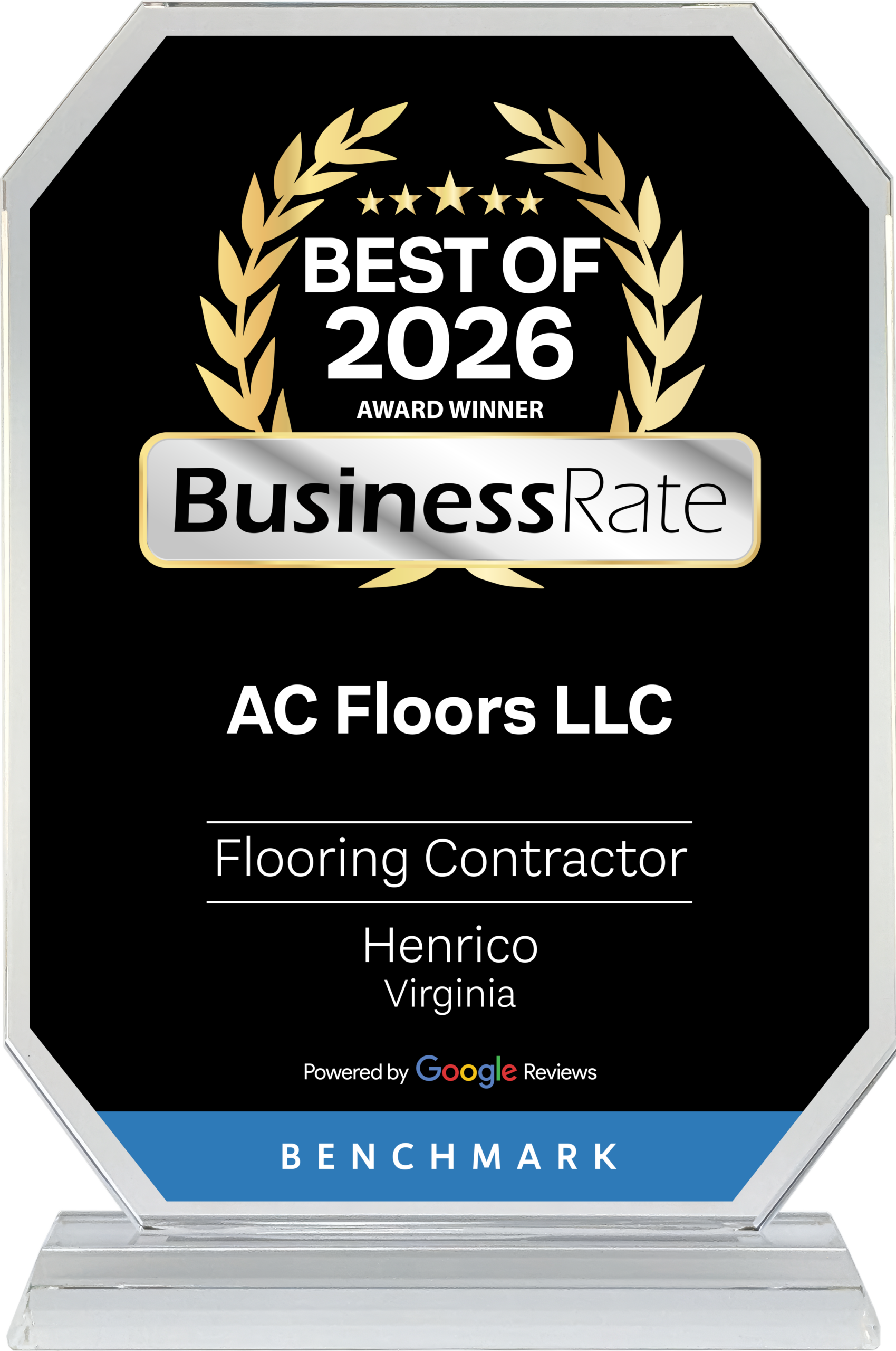 AC Floors LLC BusinessRate Best of 2026 crystal award, Flooring Contractor, Henrico, Virginia