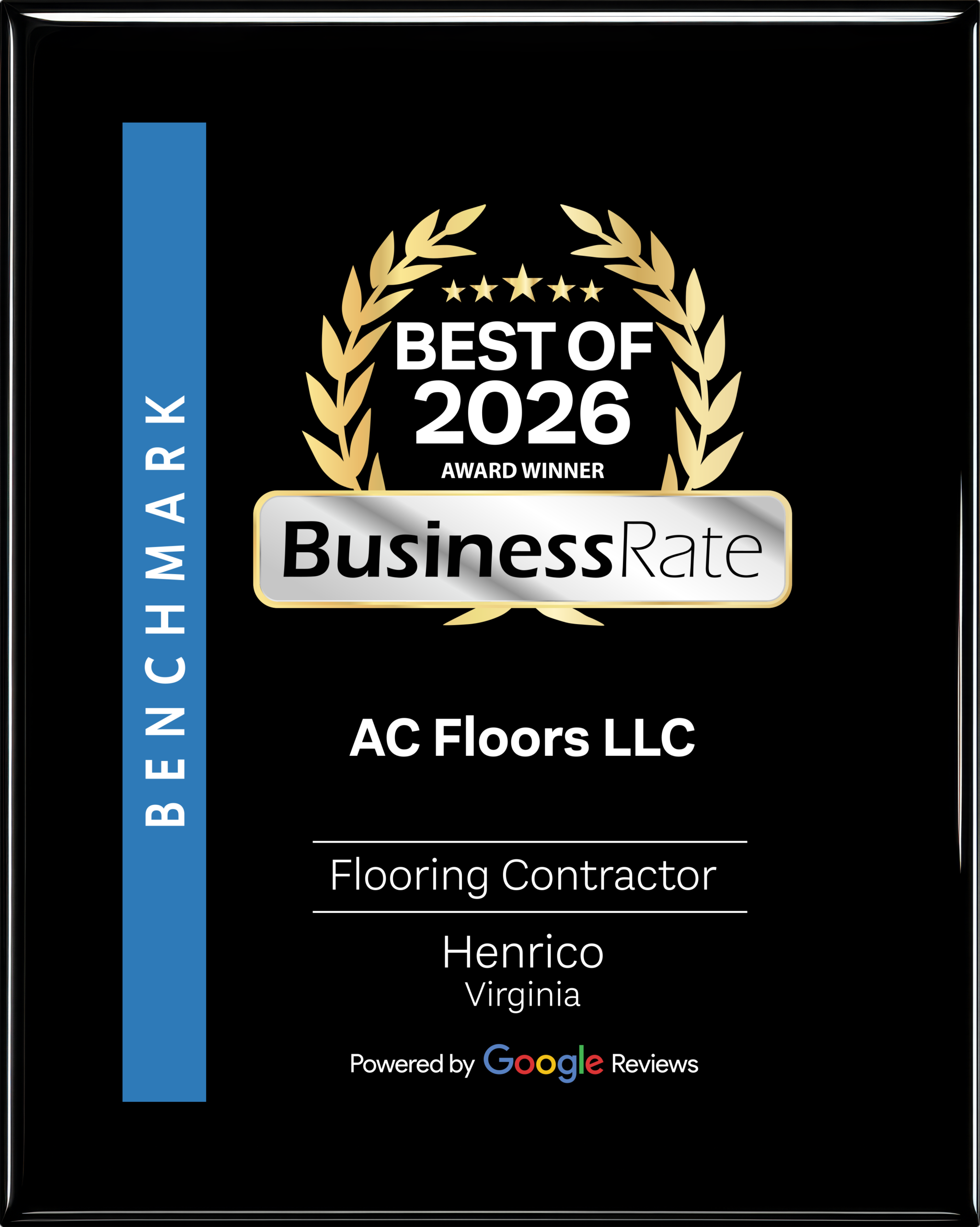 AC Floors LLC BusinessRate Best of 2026 plaque, Flooring Contractor, Henrico, Virginia